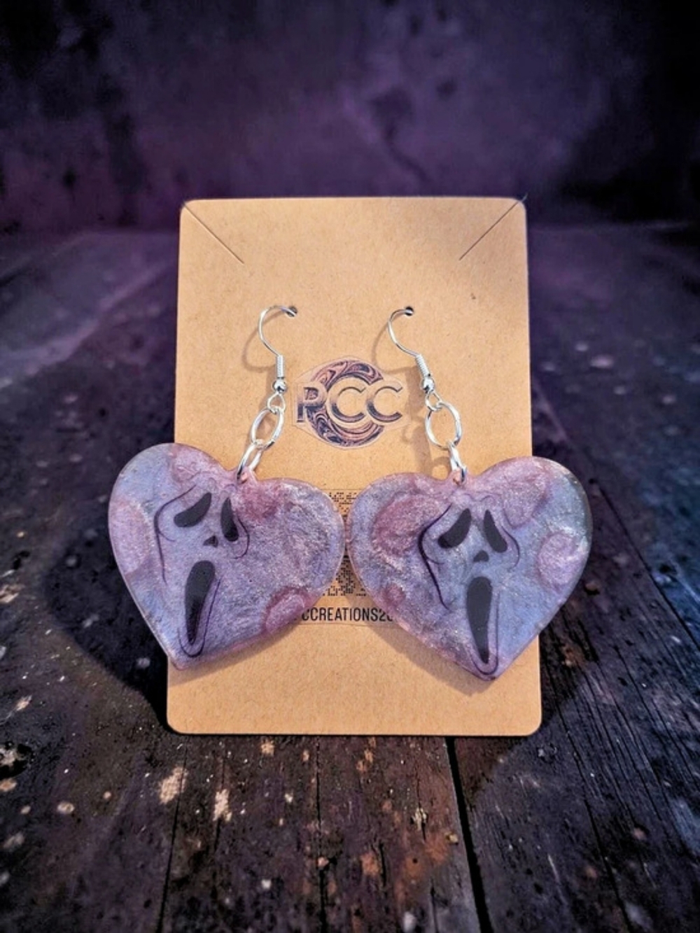 Handmade Ghost Face Heart Resin Dangle Earrings – Purple Shimmer Horror Jewelry